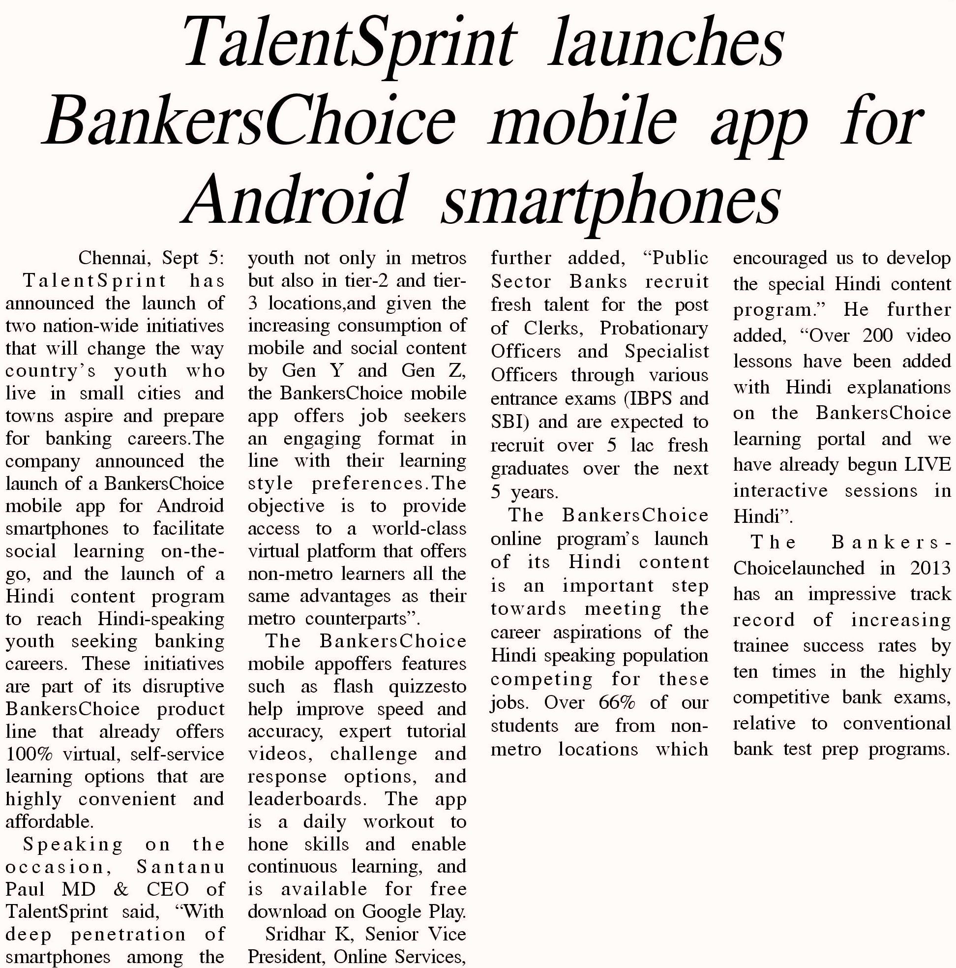 TalentSprint launches BankersChoice mobile app for Android smartphones